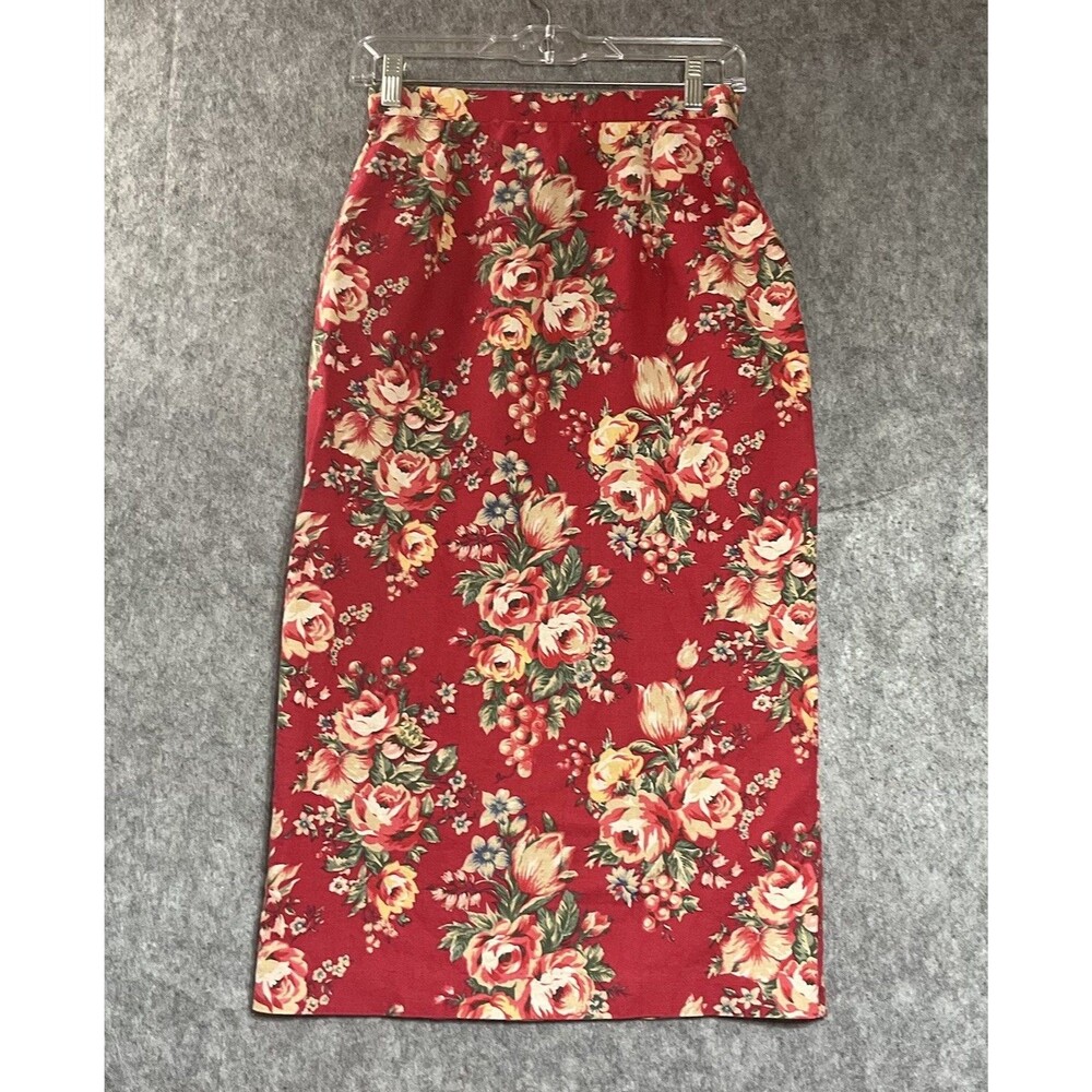 Vintage Ali Miles Skirt Women 4P Red Floral Linen Blend Maxi Cottage Petite 4